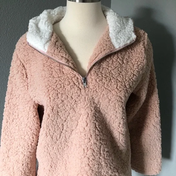 Coeur de Vague Blush Fluffy Quarter-Zip Plush Hoodie Fleece Sweatshirts - Picture 5 of 16